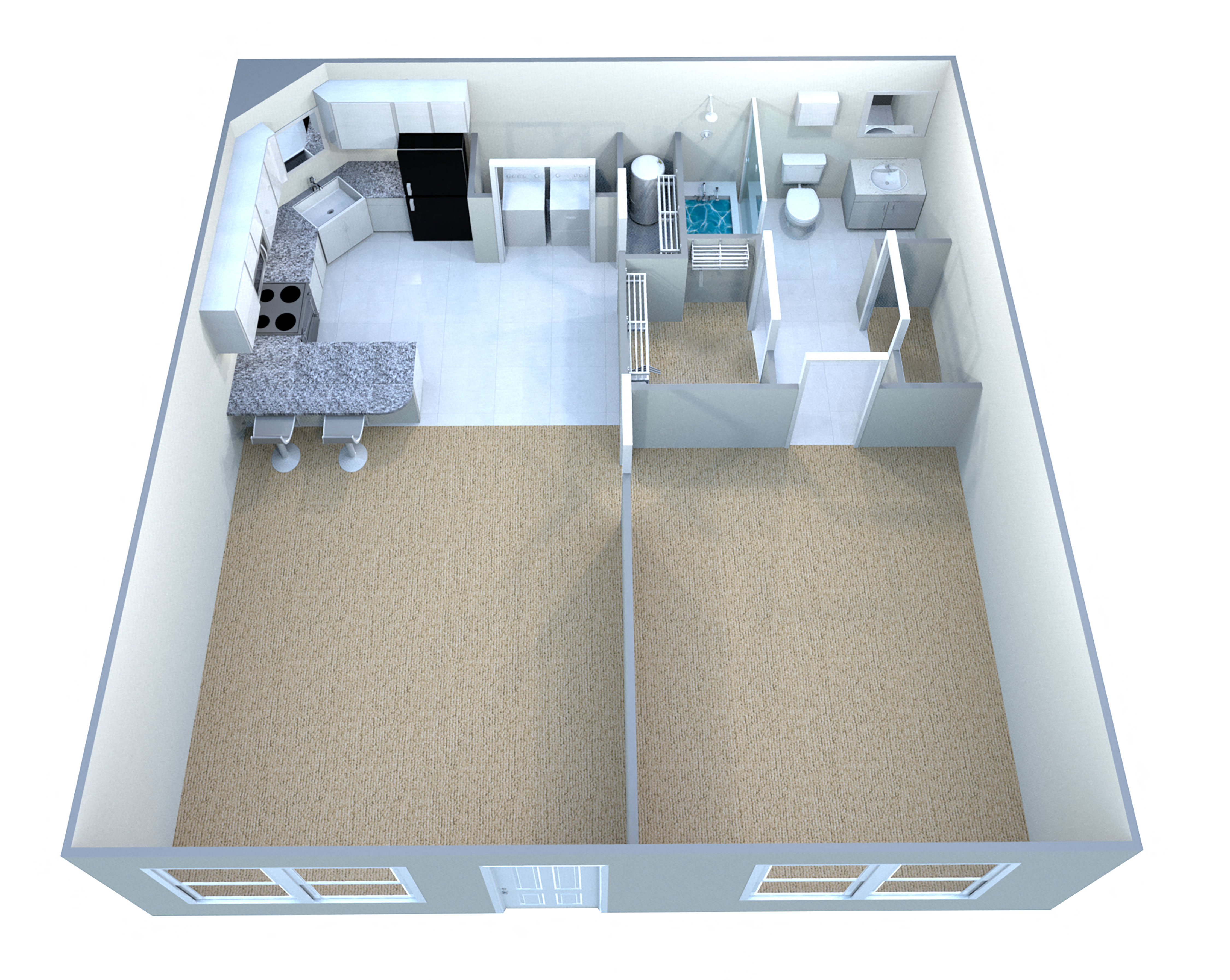Floor plan for 1 bed, 1 bath, 665 sqft